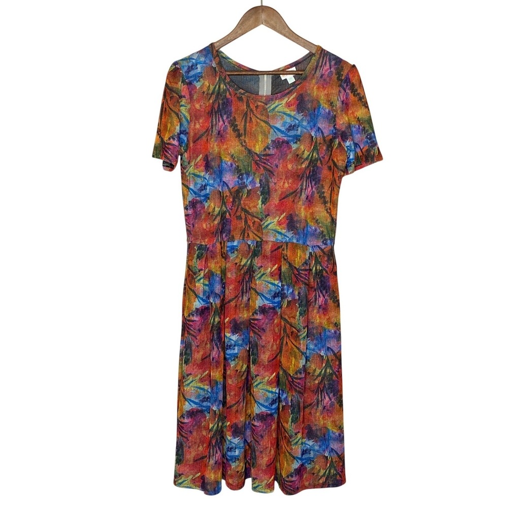 LuLaRoe Womens Amelia Dress Size 2XL Floral Fit Flare Pleated Artsy Boho Pockets